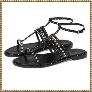SCHUTZ Black Studded T-Strap Flat Sandals